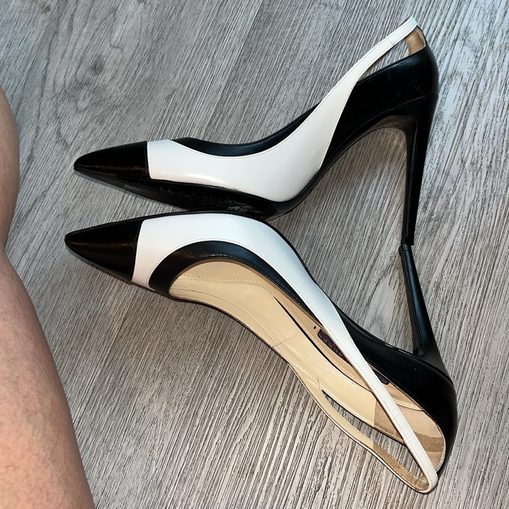 Ralph Lauren Collection White/Black Leather Pointed Toe Pumps - Picture 7 of 14